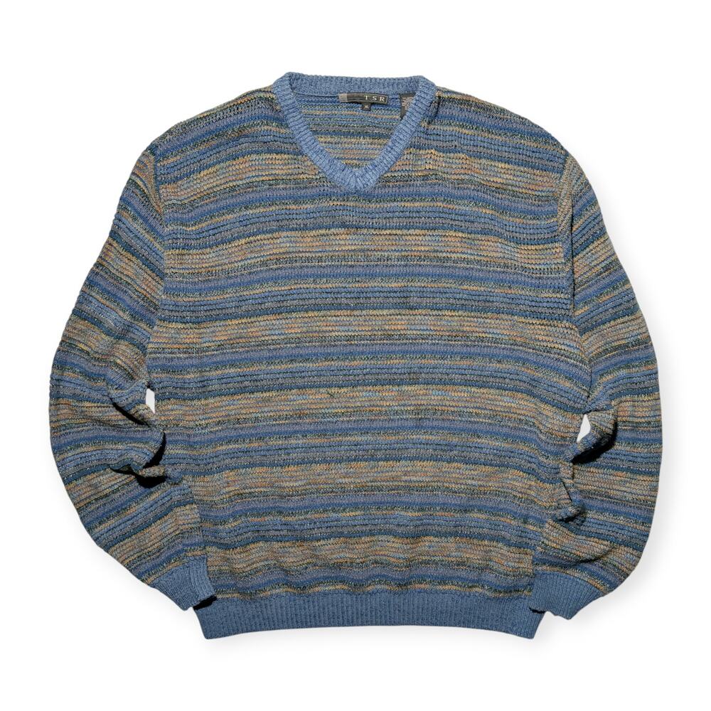 Textured Stripe Knit‎ V-Neck Sweater Blue Multi Cotton Blend Men’s XL